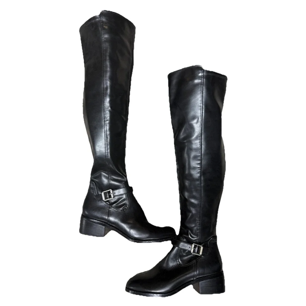 Dolce Vita Elyse Black Over The Knee Boots Women's 8 Block Heel Buckle NWOB